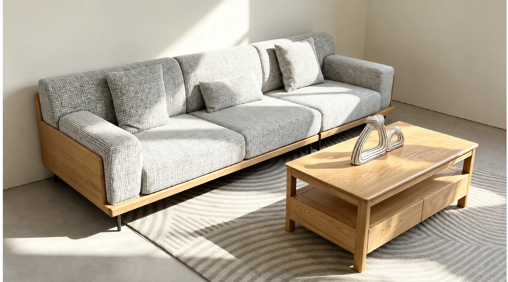 Ash-frame sofa in a sunlit living room